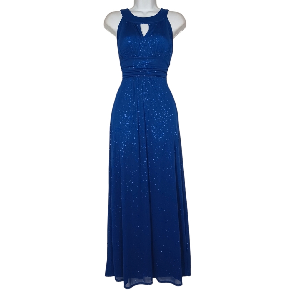 SWEET STORM Blue Silver Shimmer Sleeveless Keyhole Maxi Party Dress Medium